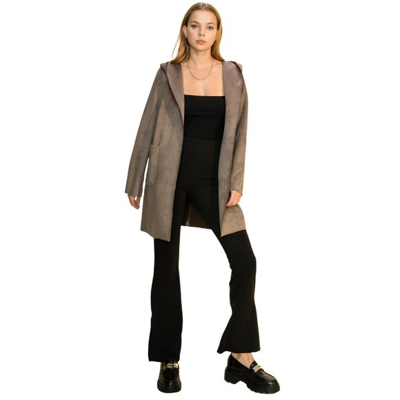 HYFVE WOMENS MUSHROOM/BEIGE LONG SLEEVE FAUX SUEDE JACKET W/HOOD W/POCKETS - - Picture 5 of 10